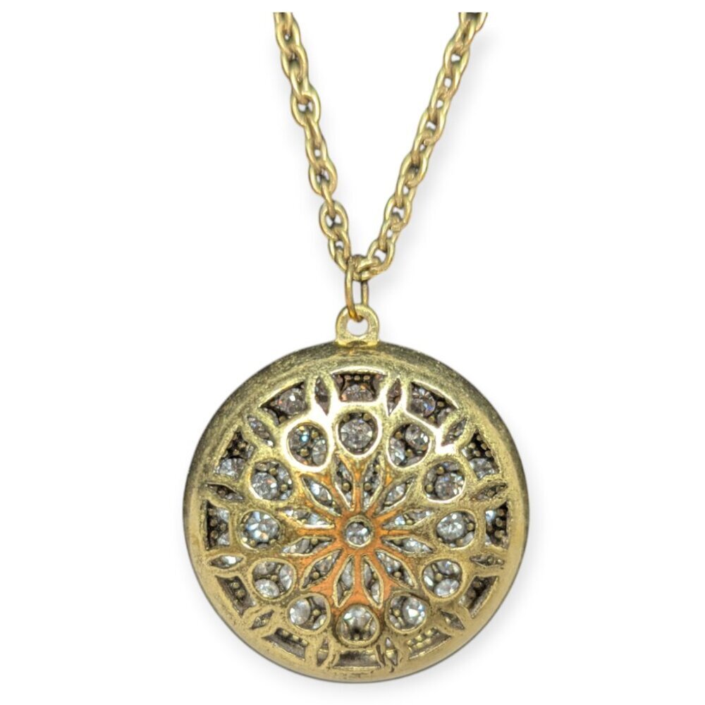 Round Medallion Gold Tone & Rhinestone Pendant Necklace w/Lobster Claw Closure